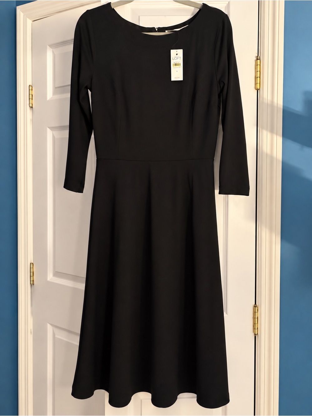 LOFT Black Fit & Flare Midi Dress 3/4 Sleeve NWT Size 4